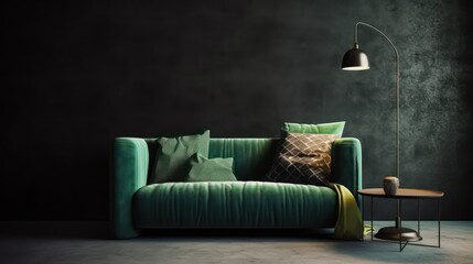 Modern dark living room interior with green couch,pillows,lamp on black grunge wall background.3d rendering