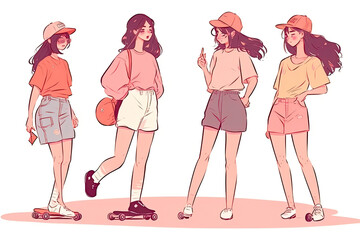 Women walking skateboarding in the summer. Teen skateboarders are posing and standing. Doodle art concept.AI generated