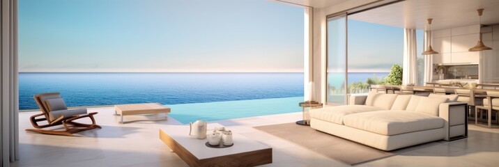 Fototapeta premium Panorama of living room modern beach house or hotel with swimming pool and terrace.3d rendering