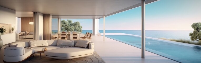 Obraz na płótnie Canvas Panorama of living room modern beach house or hotel with swimming pool and terrace.3d rendering