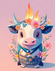 illustration of ninja cow, t-shirt design, flowers splash,  colorful beautiful fantasy art, cute and quirky, watercolor, generative AI