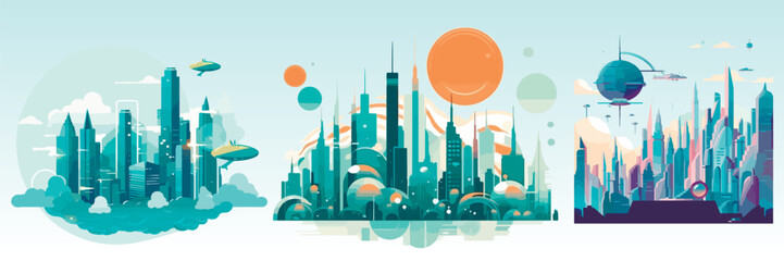 Abstract flat vector illustration of futuristic sky city.