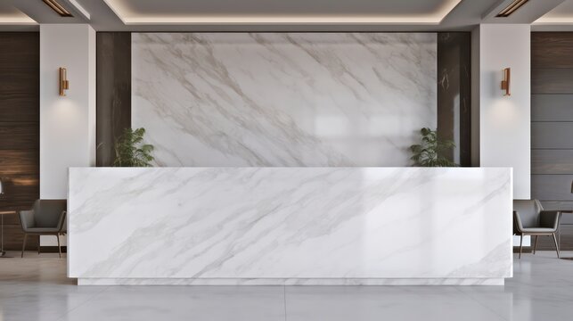 Reception with empty white marble wall for logo mock up design.3d rendering