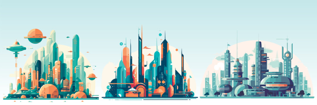 Abstract Flat Vector Illustration Of Futuristic Sky City.