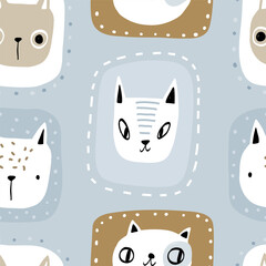 Vector hand-drawn seamless repeating childish simple pattern with cute cats in Scandinavian style on a blue background. Children's texture with kittens, kitty print. Pets. Funny animals sketch.