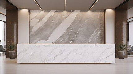 Reception with empty white marble wall for logo mock up design.3d rendering