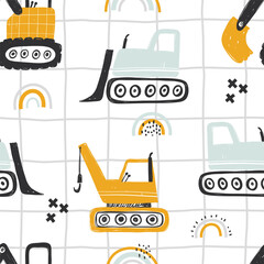 Vector hand-drawn seamless repeating children simple pattern with cars and rainbows in Scandinavian style on a striped background. Kids texture with building equipment. Funny construction transport. 