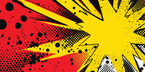 Naklejka premium VIntage retro comics boom explosion crash bang cover book design with light and dots. Can be used for decoration or graphics. Graphic Art. Vector. Illustration