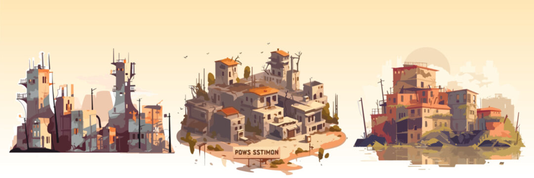 Abstract flat vector illustration of postapocalypse city.