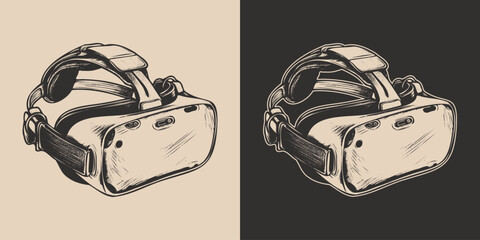 Vintage retro engraving hand drawn vr virtual reality ai mask headset helmet glass. Future innovation technology education cyber. Graphic Art Vector Illustration
