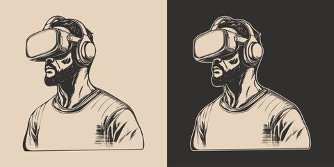 Vintage retro engraving hand drawn vr virtual reality ai mask headset helmet glass. Future innovation technology education cyber. Graphic Art Vector Illustration