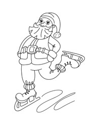 Cute Santa skating around. Winter ice rink. Christmas holidays. Vector cartoon illustration, coloring book for children. Scene in black and white. 