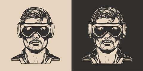 Vintage retro engraving hand drawn vr virtual reality ai mask headset helmet glass. Future innovation technology education cyber. Graphic Art Vector Illustration