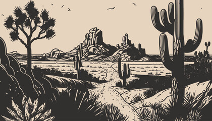 Mountain desert texas background landscape. Wild west western adventure explore inspirational vibe. Graphic Art. Engraving Vector