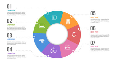 Pie chart infographic design template with 7 options for presentations advertising, layouts, annual reports, and marketing. Vector illustration.