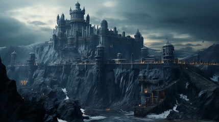 Magical castle at top of mountain with paths in front Generative AI