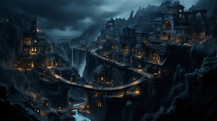 Fototapeta na wymiar Fantasy night dark landscape, night gloomy castle, ancient dark city. 3D illustration Generative AI