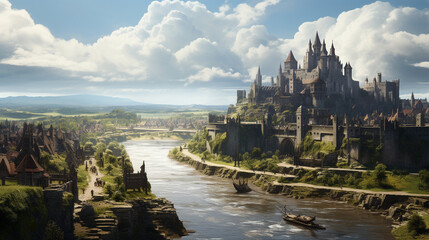 Naklejka premium Magical castle at top of mountain with paths in front Generative AI