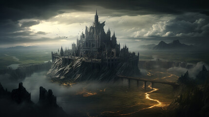 Fantasy night dark landscape, night gloomy castle, ancient dark city. 3D illustration Generative AI