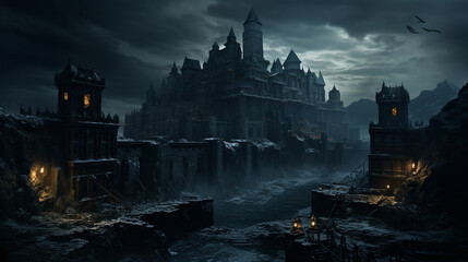 Fantasy night dark landscape, night gloomy castle, ancient dark city. 3D illustration Generative AI