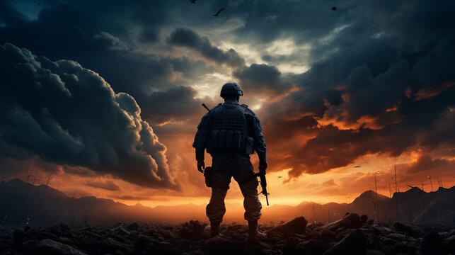 Concept of terrorism. Silhouette of a terrorist with a rifle on a background of a sunset Generative AI