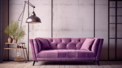 Vintage industrial style living room with purple sofa,wood floor,ceiling lamp and grunge white wall background.3d rendering