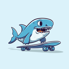 cute shark riding skateboard summer sport vector illustration