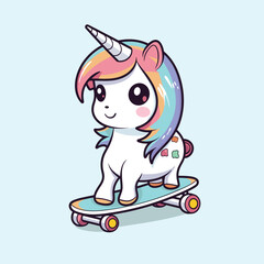 cute unicorn riding skateboard summer sport vector illustration