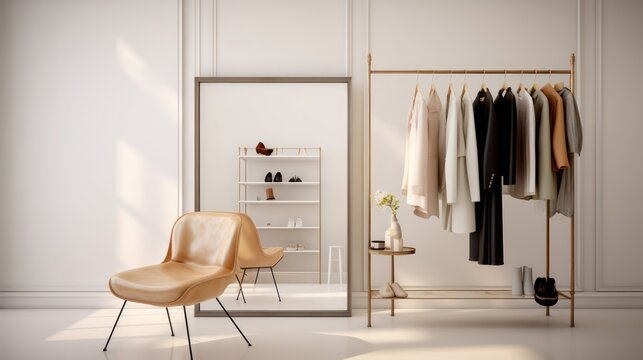 Walk in closet.White wall background with chair and mirror.3d rendering