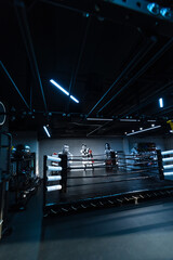Dark interior of modern boxing ring. Professional wrestling ring.