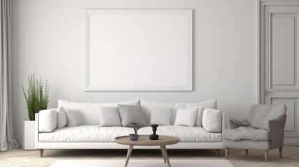 White living room with wall and poster frame mock up.3d rendering