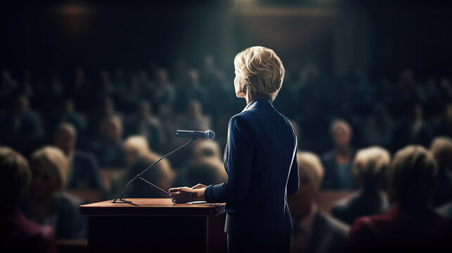 ai generated illustration of woman speaking to the public at a presidential vote