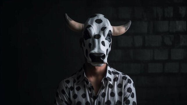 Young Man With A Cow Mask Stock Photo.Generative AI