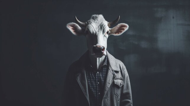 Young Man With A Cow Mask Stock Photo.Generative AI