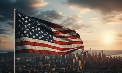 The usa or united states of america flag near skyscrapers under a cloudy sky, generative AI