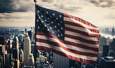 Naklejka premium The usa or united states of america flag near skyscrapers under a cloudy sky, generative AI