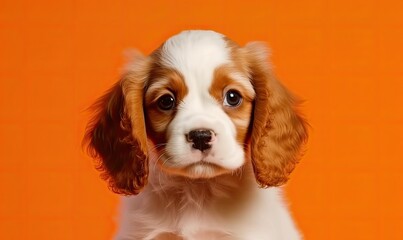 Cute spaniel puppy on orange background with copy space, generative AI
