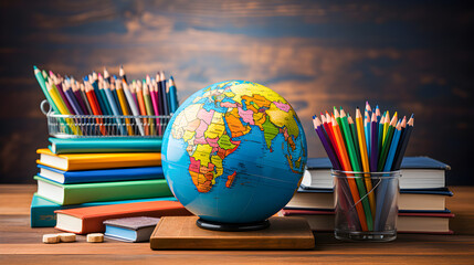 A school table with pencils, colored pencils, a world ball, school books and in the background an out-of-focus blackboard. Primary education and back to school. - obrazy, fototapety, plakaty