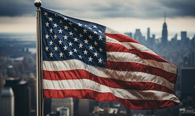The usa or united states of america flag near skyscrapers under a cloudy sky, generative AI