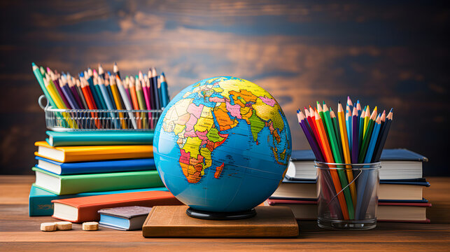 A school table with pencils, colored pencils, a world ball, school books and in the background an out-of-focus blackboard. Primary education and back to school.