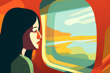 transportation woman flight seat plane character female passenger trip window journey. Generative AI.