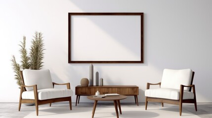 White living room with dark wood furniture and poster frame mockup.3d rendering