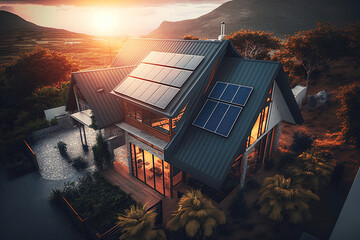 ai generated illustration aerial view of house with solar panels on the roof
