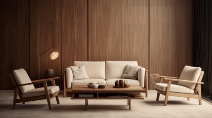Wood tones living room in modern style with sofa,chair,lamp and wooden wall.3d rendering