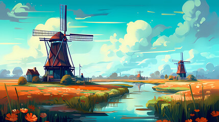 Illustration of a beautiful rural landscape with windmills - obrazy, fototapety, plakaty
