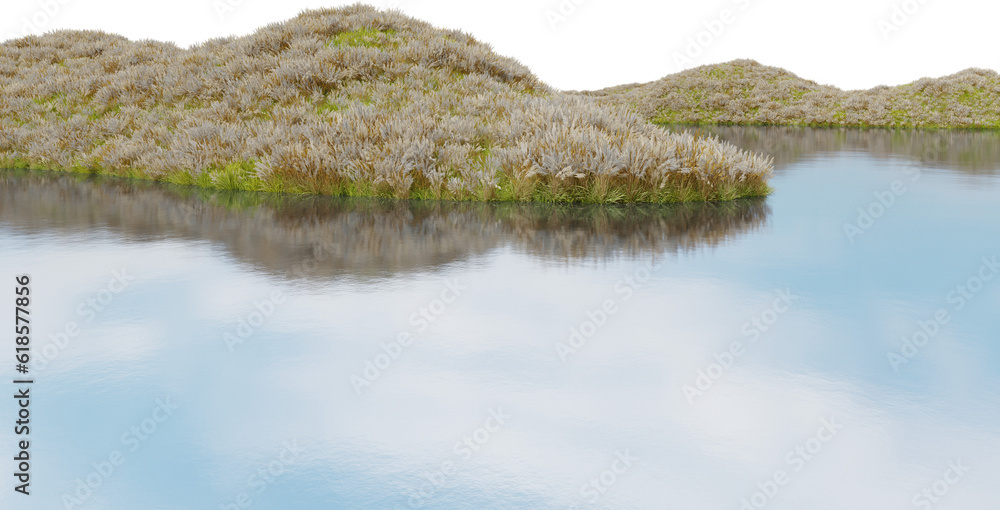 Poster realistic flower field and river. 3d rendering of isolated objects.