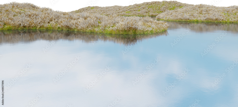 Fototapete realistic flower field and river. 3d rendering of isolated objects.