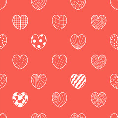Love Seamless romantic pattern. Hearts on red background. Vector illustration in linear hand drawn doodle style for holiday design, decor, valentines, packaging.