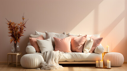 Fototapeta na wymiar Interior home design. Minimalistic living room with pillows. AI generated.