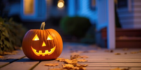 jack-o-lantern carved pumpkin on porch at night for halloween, created with Generative AI - 618578636